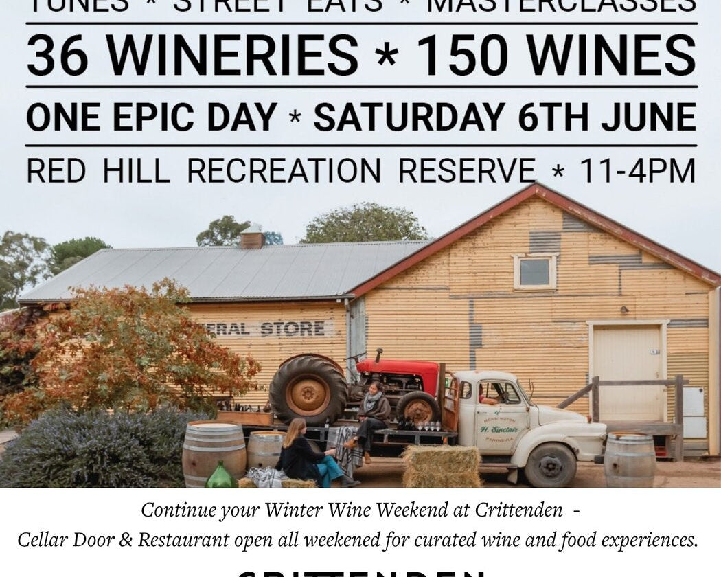 Poster for Winter Wine Festival at Red Hill including what's happening at Crittenden