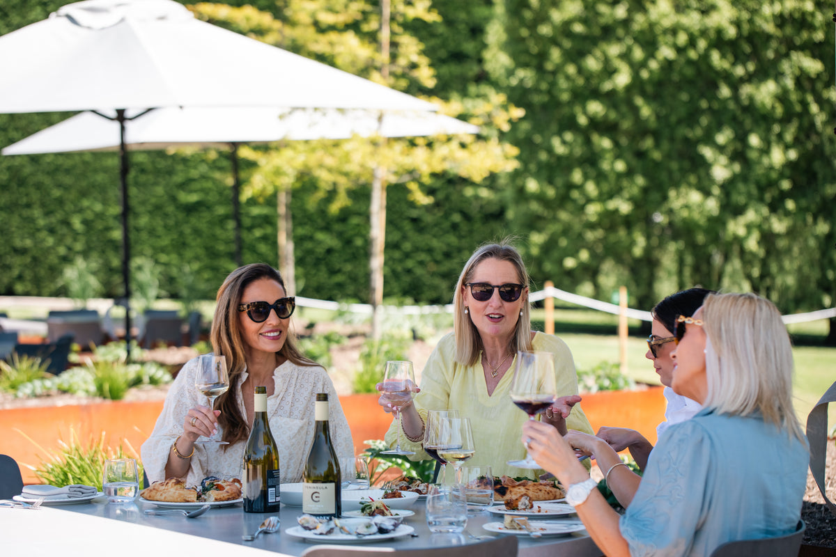 Friends toasting with white wine at a sunny Terrace table