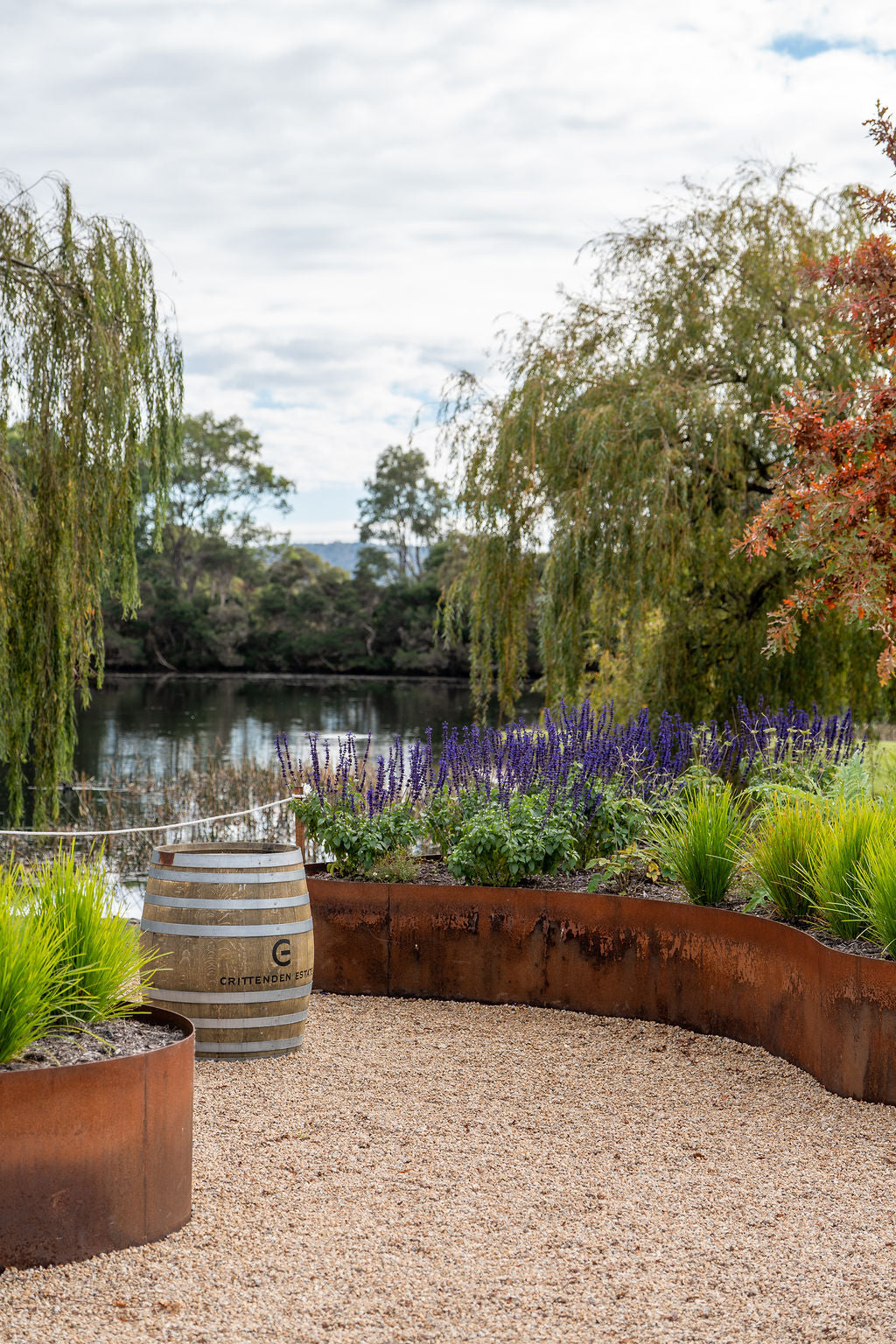 A garden path past a wine barrel and lavender, with the lake beyond