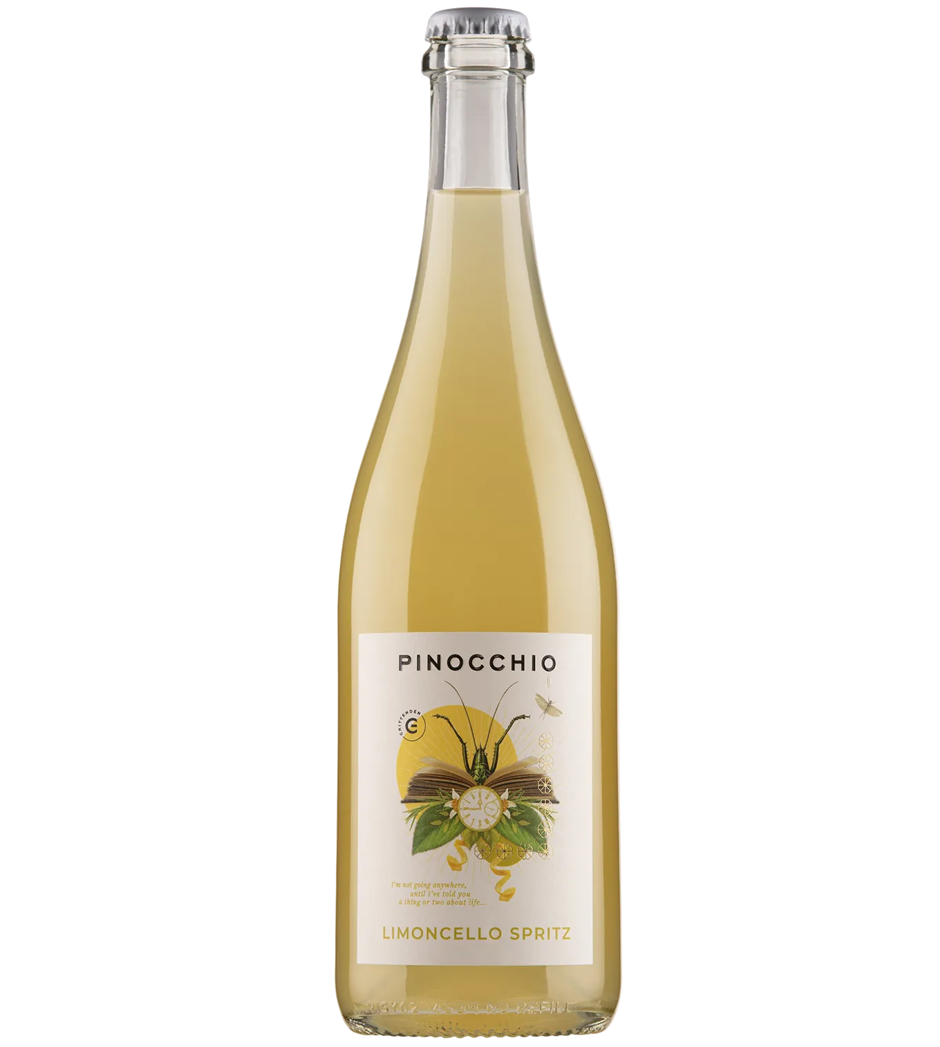 Bottle of Crittenden Pinocchio Limoncello Spritz on a white background