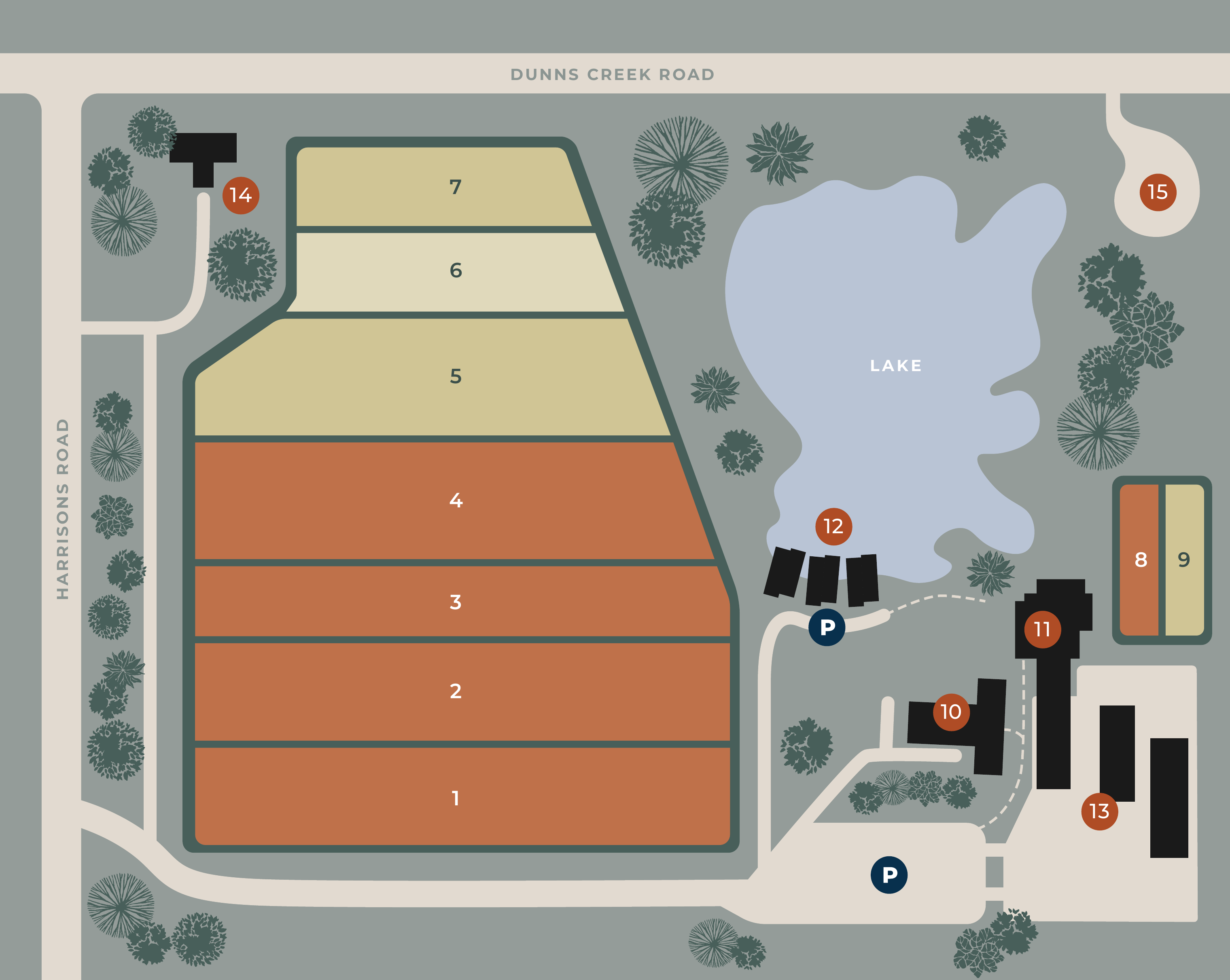 Map of the Crittenden estate, with the vineyard blocks numbered 1 to 9 and the buildings 10 to 15.
